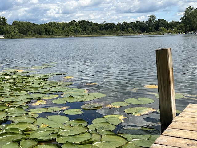 view of dock with a water view and a wooded view