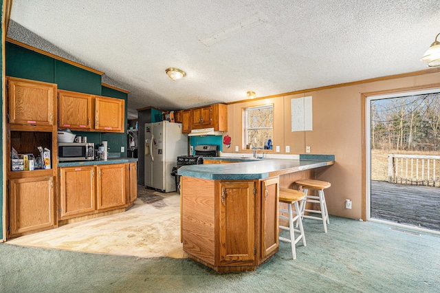 kitchen with a peninsula, ornamental molding, brown cabinetry, and stainless steel appliances