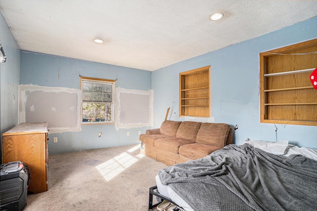 interior space with carpet flooring, built in shelves, and a textured ceiling