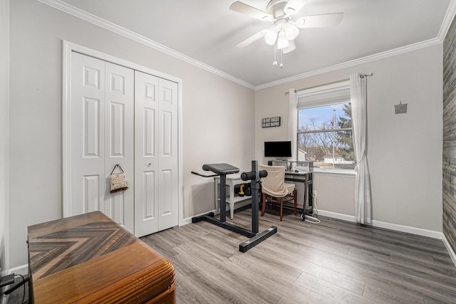 office space featuring baseboards, wood finished floors, and crown molding