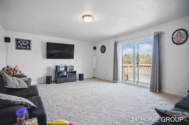 carpeted living room featuring baseboards