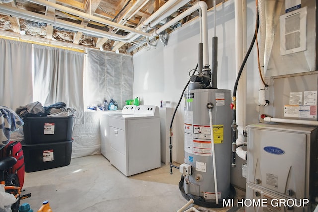 unfinished below grade area with independent washer and dryer, heating unit, and water heater