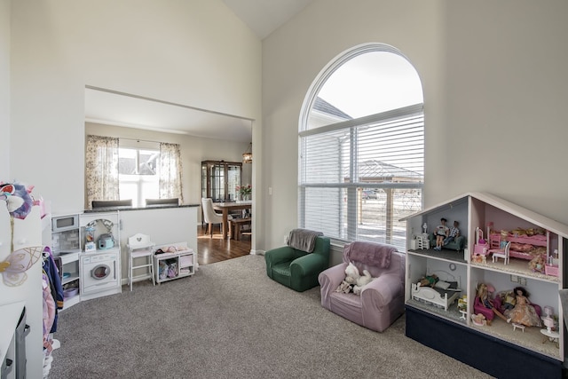 playroom featuring carpet flooring and high vaulted ceiling