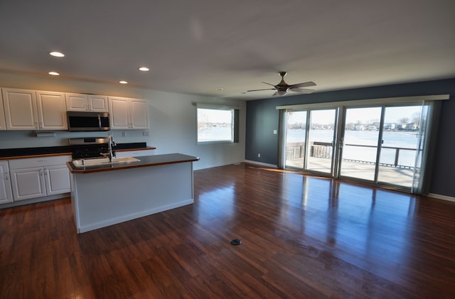 kitchen with a sink, dark countertops, dark wood-style floors, and stainless steel appliances