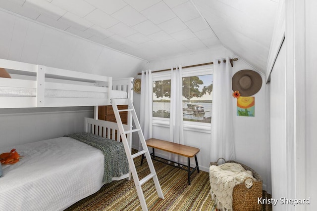 bedroom with lofted ceiling