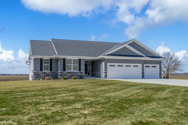 craftsman-style house with a front yard, a garage, stone siding, and concrete driveway