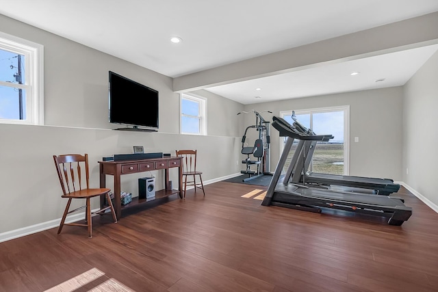 workout room with baseboards, a healthy amount of sunlight, and wood finished floors