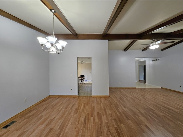 empty room with light wood-type flooring, visible vents, and ceiling fan with notable chandelier