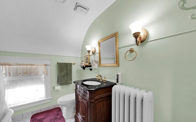 bathroom featuring visible vents, toilet, radiator heating unit, tile patterned flooring, and vanity