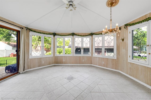 407 Westminister St, Marine City, MI 48039 - unfurnished sunroom with baseboards, tile patterned floors, wood walls, and a chandelier