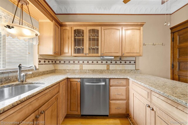 407 Westminister St, Marine City, MI 48039 - kitchen with dishwasher, light wood-style floors, a sink, decorative backsplash, and light brown cabinets