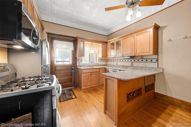 407 Westminister St, Marine City, MI 48039 - kitchen featuring stainless steel appliances, light wood-style floors, a peninsula, glass insert cabinets, and an ornate ceiling