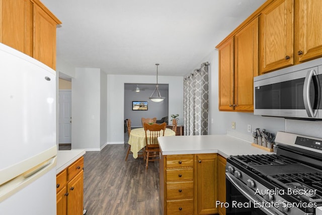 kitchen with a peninsula, appliances with stainless steel finishes, dark wood-style floors, and light countertops