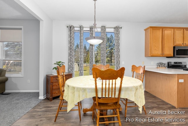 dining area with dark wood finished floors and baseboards