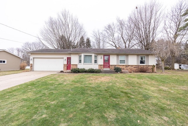 ranch-style house with brick siding, concrete driveway, a front lawn, and a garage