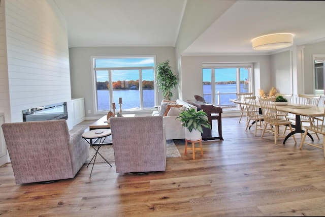 living area with wood finished floors, a water view, and a wealth of natural light