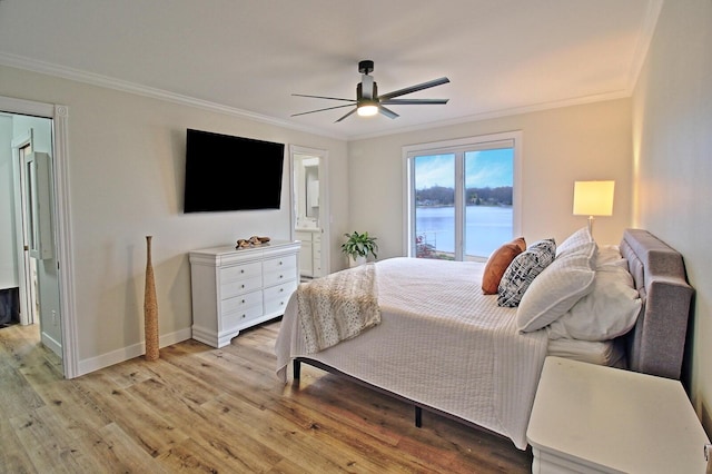 bedroom with baseboards, ornamental molding, a ceiling fan, and light wood finished floors