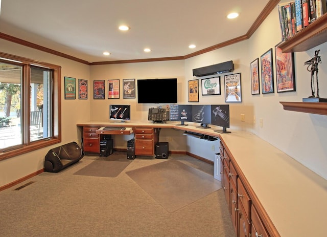 home office featuring recessed lighting, visible vents, built in desk, and ornamental molding