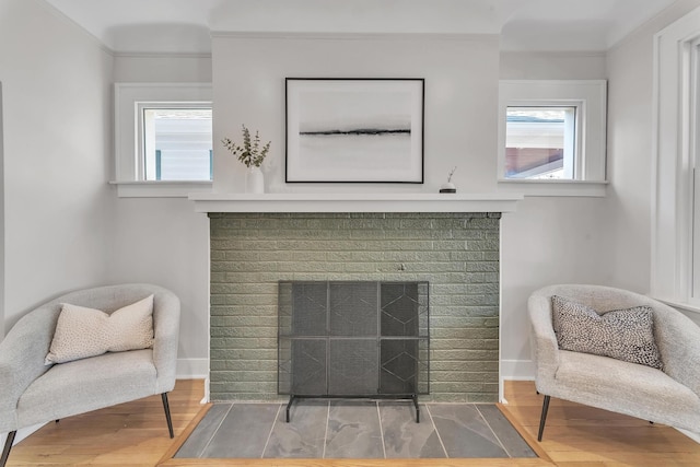 sitting room featuring a fireplace, wood finished floors, and baseboards