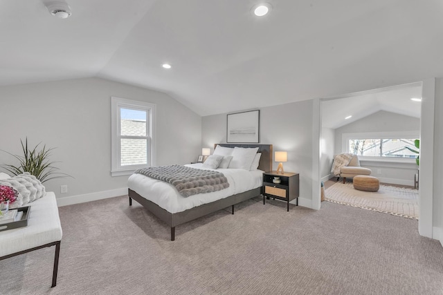 carpeted bedroom featuring recessed lighting, baseboards, and lofted ceiling