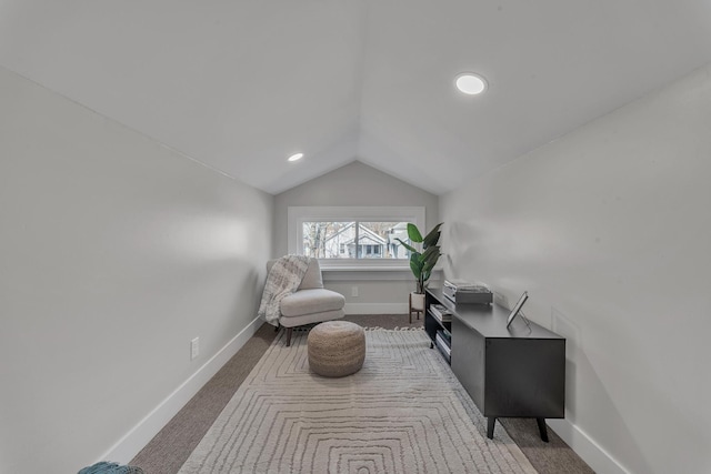 living area featuring vaulted ceiling, recessed lighting, baseboards, and carpet floors