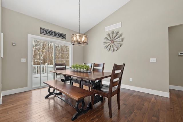 dining area featuring visible vents, wood-type flooring, baseboards, and vaulted ceiling