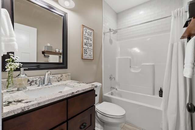 full bath with vanity, toilet, and shower / tub combo with curtain