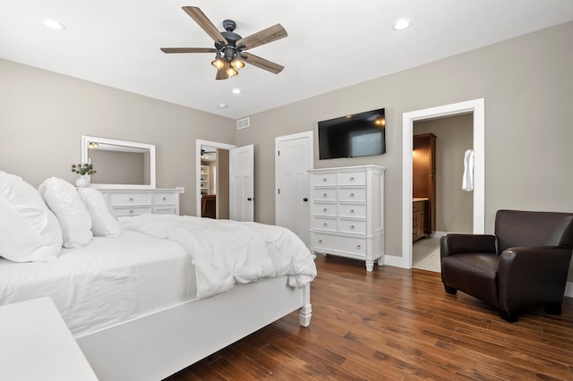 bedroom featuring visible vents, ensuite bath, recessed lighting, ceiling fan, and dark wood-style flooring