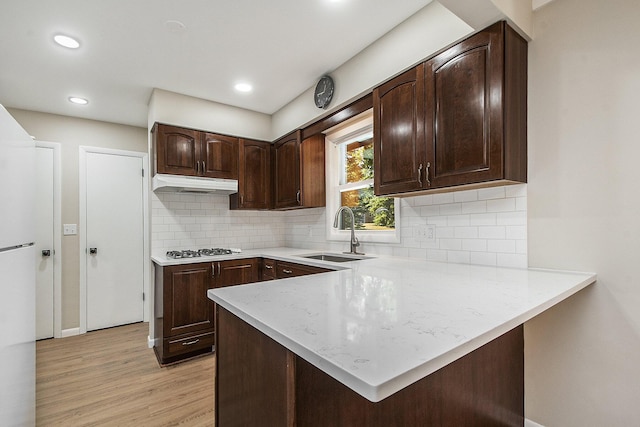 kitchen with under cabinet range hood, a sink, light wood-style floors, a peninsula, and dark brown cabinetry