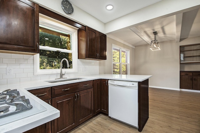 kitchen featuring a sink, light wood-style floors, dark brown cabinetry, light countertops, and dishwasher