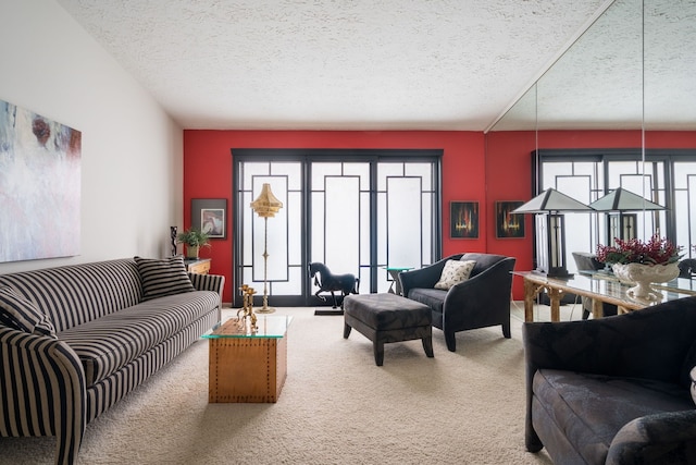 carpeted living room featuring a textured ceiling