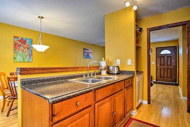 kitchen with light wood-type flooring, a sink, dark countertops, a peninsula, and dishwashing machine