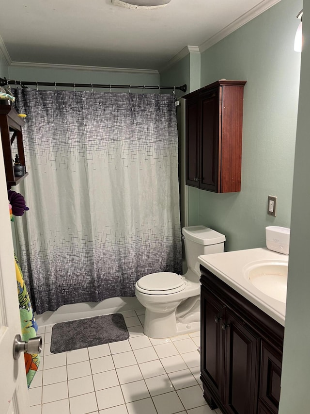 full bath with tile patterned floors, toilet, ornamental molding, and vanity