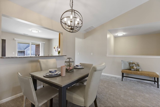 dining area featuring carpet, visible vents, baseboards, vaulted ceiling, and a notable chandelier