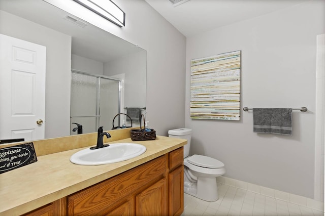 bathroom featuring visible vents, a shower stall, toilet, tile patterned floors, and vanity