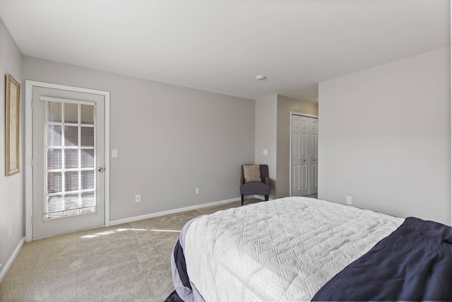 bedroom featuring a closet, baseboards, and carpet