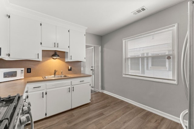 kitchen with wood finished floors, visible vents, a sink, stainless steel appliances, and light countertops