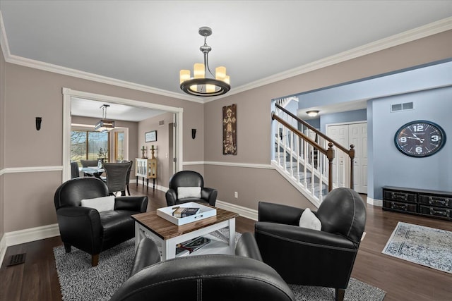 living area with stairway, baseboards, visible vents, an inviting chandelier, and dark wood-style flooring