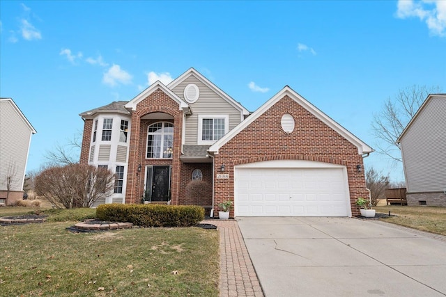 traditional-style house with a front yard, a garage, brick siding, and driveway