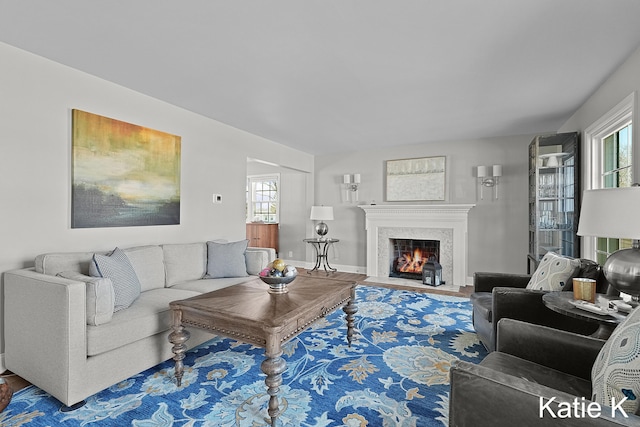 living room featuring baseboards and a fireplace