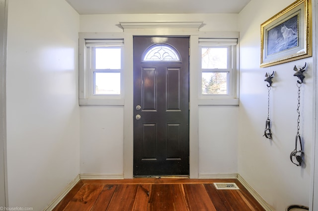 entrance foyer with a wealth of natural light, visible vents, baseboards, and wood finished floors