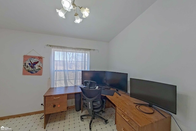 home office featuring a notable chandelier, light floors, baseboards, and vaulted ceiling