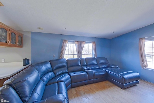 living area with a wealth of natural light, light wood-style flooring, and vaulted ceiling