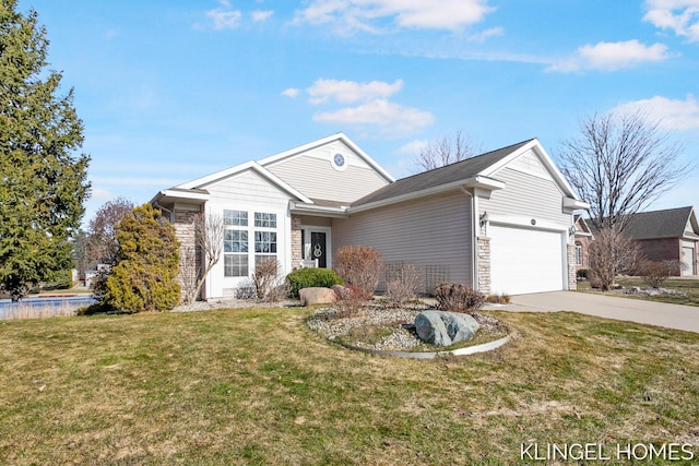 ranch-style home with stone siding, an attached garage, concrete driveway, and a front yard