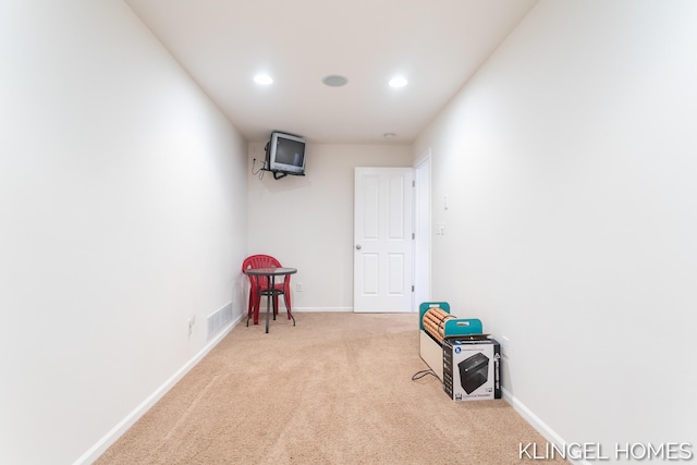 interior space featuring visible vents, recessed lighting, baseboards, and carpet floors