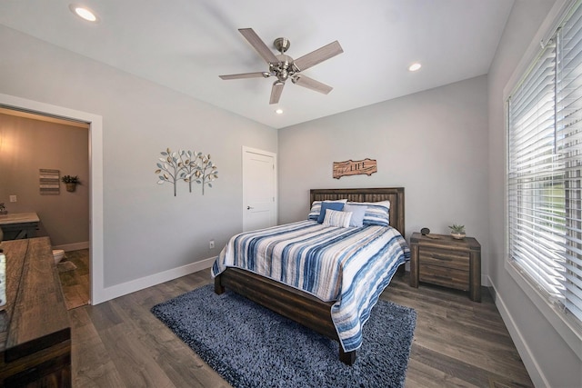 bedroom with recessed lighting, baseboards, and wood finished floors