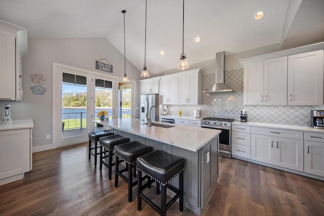 kitchen featuring dark wood-type flooring, an island with sink, a sink, stainless steel appliances, and wall chimney range hood