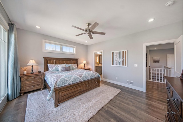 bedroom with visible vents, recessed lighting, dark wood-type flooring, and baseboards