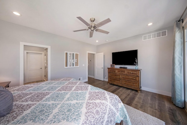 bedroom with a ceiling fan, wood finished floors, visible vents, baseboards, and recessed lighting