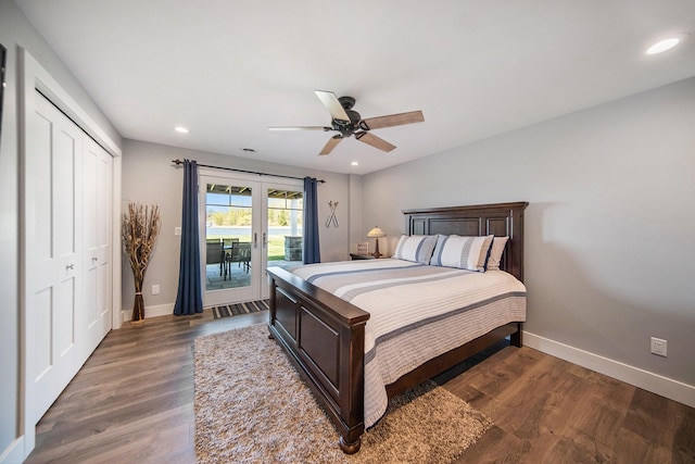 bedroom featuring french doors, wood finished floors, baseboards, and access to exterior